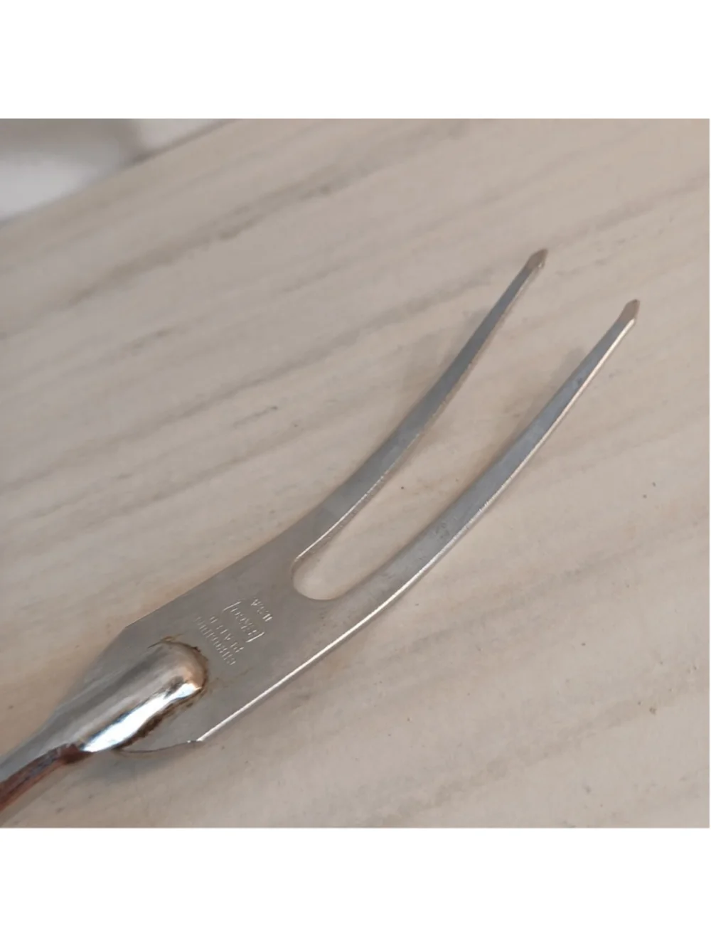 MCM Gold Fleck Ekco Eterna Stainless Steel Two Prong Serving Fork Wood Handle